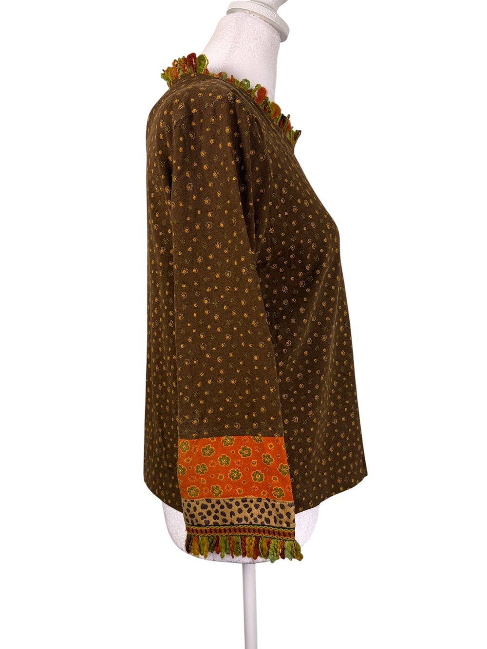 F.L. Malik Boho Mixed Print Fringe Trim Top Brown Orange Green M - Picture 5 of 10